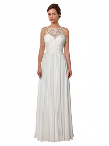 Illusion Neck Sweep Train Soft Chiffon Ivory Sleeveless Boho Wedding Dress Essex