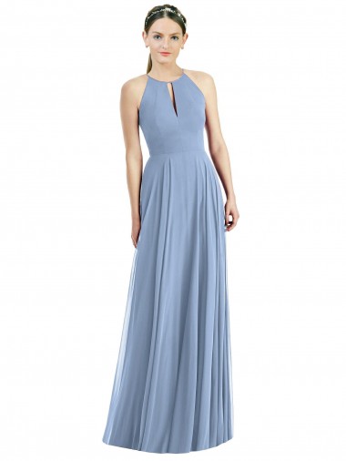 Halter Neck Long Soft Chiffon Dusty Blue Sleeveless Semi Formal Evening Dress / Bridesmaid Dress Essex