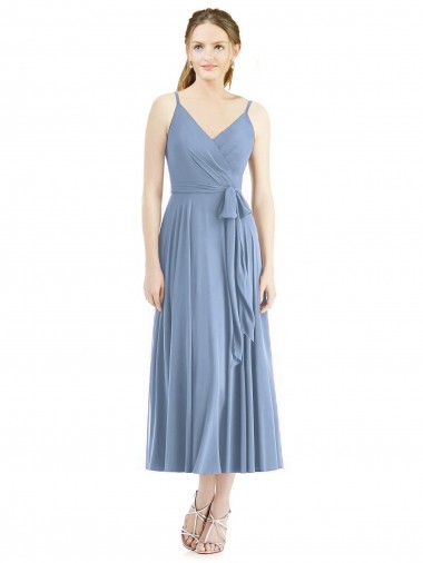 Spaghetti Straps Tea Length Soft Chiffon Dusty Blue Sleeveless Bridesmaid Dress Essex