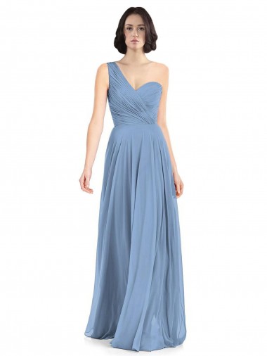 One Shoulder Long Soft Chiffon Dusty Blue Sleeveless Formal Dress / Bridesmaid Dress Essex