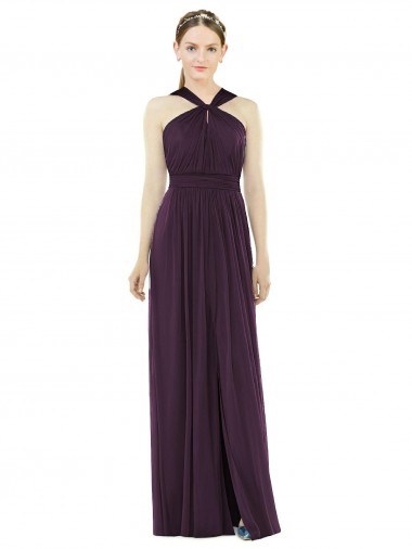 Halter Neck Long Soft Chiffon Grape Sleeveless Semi Formal Evening Dress / Bridesmaid Dress Essex