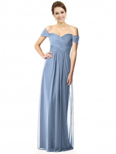 Off the Shoulder Long Soft Chiffon Dusty Blue Cap Sleeves Bridesmaid Dress Essex