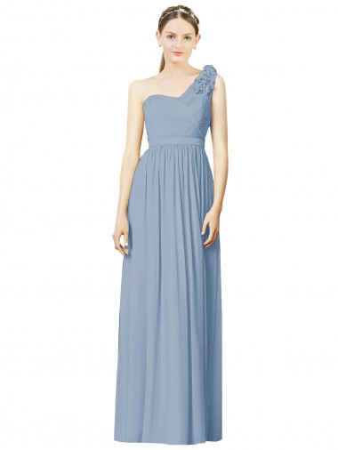 One Shoulder Long Soft Chiffon Dusty Blue Sleeveless Bridesmaid Dress Essex