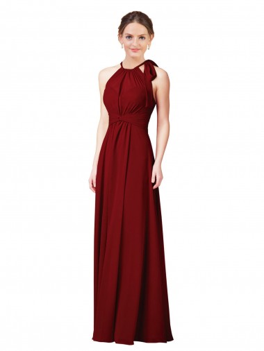 Halter Neck Long Soft Chiffon Burgundy Sleeveless Bridesmaid Dress Essex