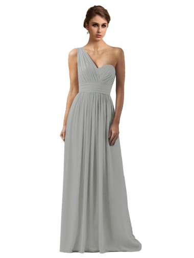 One Shoulder Long Soft Chiffon Silver Sleeveless Bridesmaid Dress Essex