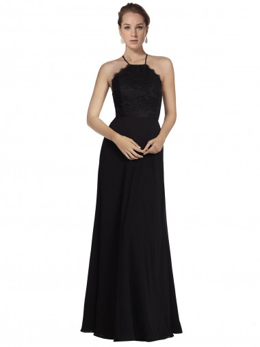 Halter Neck Long Soft Chiffon & Lace Black Sleeveless Bridesmaid Gown Essex