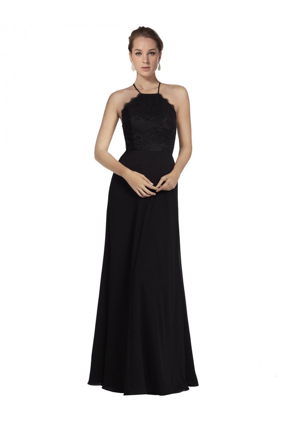 Halter Neck Long Soft Chiffon & Lace Black Sleeveless Bridesmaid Gown Essex