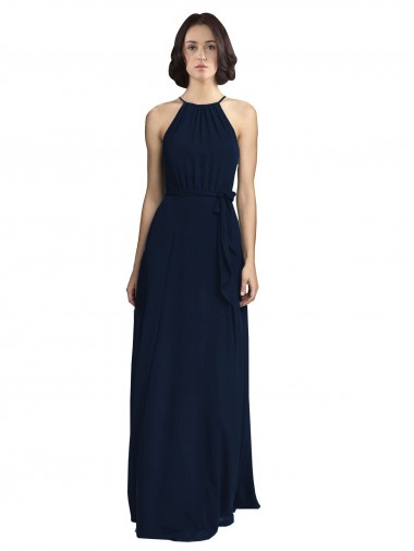 High Neck Long Chiffon Dark Navy Sleeveless Evening Gowns / Bridesmaid Dresses Essex