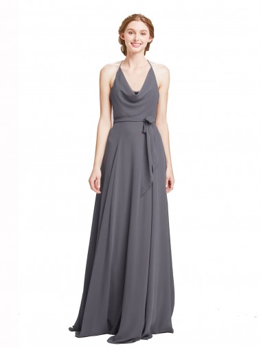 Halter Neck Long Soft Chiffon Slate Grey Sleeveless Bridesmaid Dress Essex