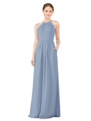 High Neck Long Soft Chiffon Dusty Blue Sleeveless Bridesmaid Dress Essex