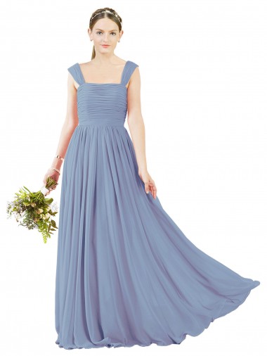 Square Neck Long Soft Chiffon Dusty Blue Sleeveless Bridesmaid Dress Essex