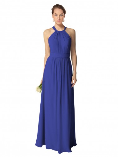 Halter Neck Long Soft Chiffon Royal Blue Sleeveless Evening Dress / Bridesmaid Dress Essex