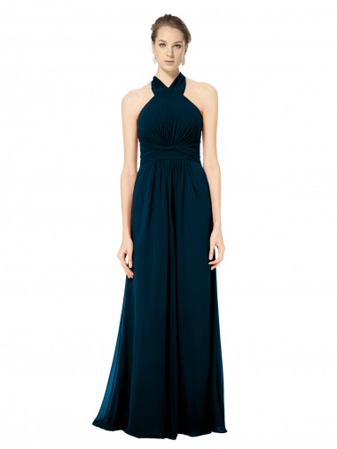 Halter Neck Long Soft Chiffon Midnight Green Sleeveless Formal Dress / Bridesmaid Dress Essex