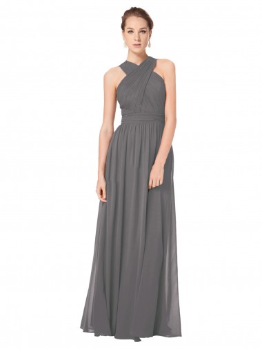 Halter Neck Long Soft Chiffon Stormy Silver Sleeveless Bridesmaid Dress Essex