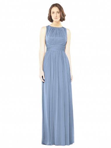 Bateau Neck Long Soft Chiffon Dusty Blue Sleeveless Bridesmaid Dress Essex