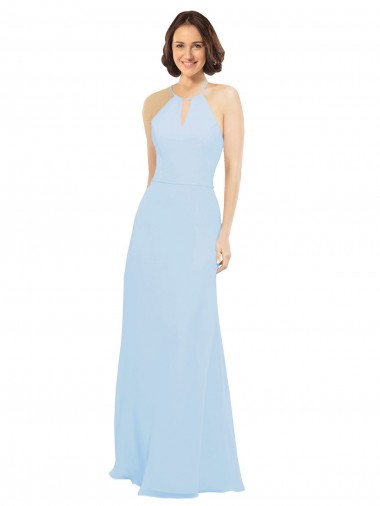 Halter Neck Long Soft Chiffon Light Sky Blue Sleeveless Wedding Party Dress Essex