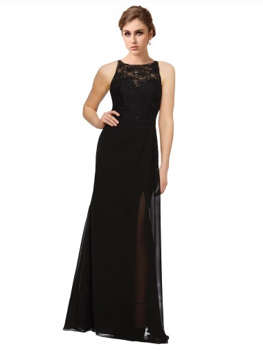 High Neck Long Soft Chiffon & Lace Black Sleeveless Bridesmaid Dress Essex