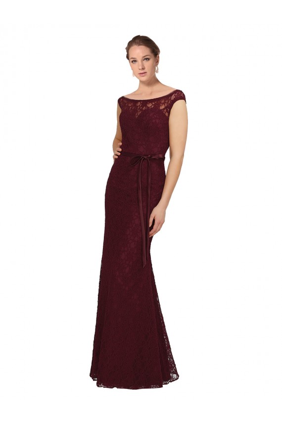 Bateau Neck Long Soft Chiffon Burgundy Gold Cap Sleeves Bridesmaid Dress Essex