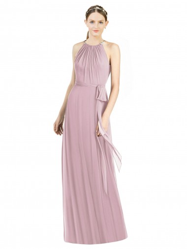 Halter Neck Long Soft Chiffon Primrose Sleeveless Bridesmaid Dress Essex