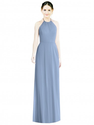 Halter Neck Long Floor Length Chiffon Dusty Blue Sleeveless Bridesmaid Dress Essex