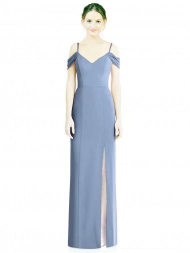 Jewel Long Soft Chiffon Dusty Blue Cold Shoulder Formal Evening Gown / Bridesmaid Dress Essex