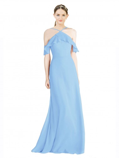 Halter Neck Long Soft Chiffon Periwinkle Cold Shoulder Formal Dress / Bridesmaid Dress Essex