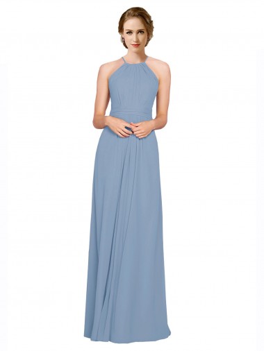 High Neck Long Chiffon Dusty Blue Sleeveless Bridesmaid Dress / Evening Dress Essex