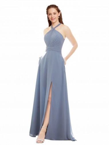 High Neck Long Soft Chiffon Dusty Blue Sleeveless Evening Dress / Bridal Party Dress Essex