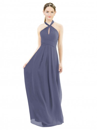 Halter Neck Long Soft Chiffon Silver Stone Sleeveless Bridesmaid Dress Essex