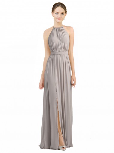 Halter Neck Long Soft Chiffon Oyster Silver Sleeveless Bridesmaid Dress Essex