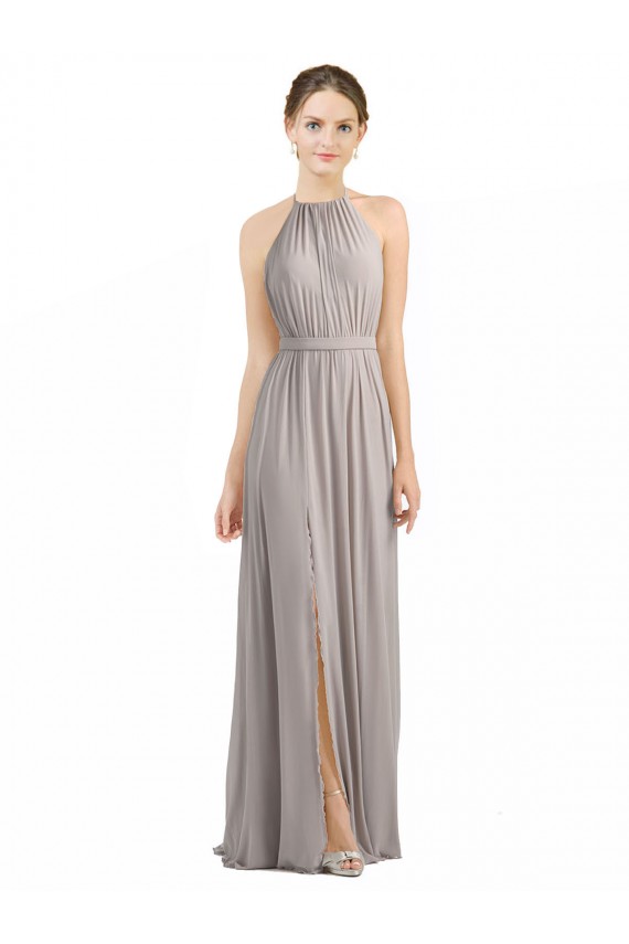 Halter Neck Long Soft Chiffon Oyster Silver Sleeveless Bridesmaid Dress Essex