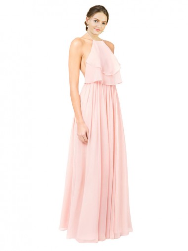 Halter Neck Long Soft Chiffon Pink Sleeveless Formal Dress / Bridesmaid Dress Essex