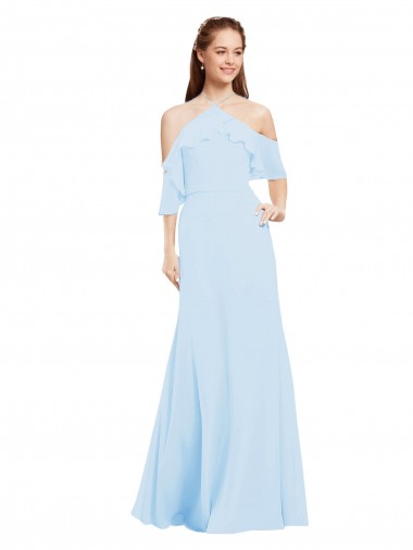 Halter Neck Long Soft Chiffon Light Sky Blue Cold Shoulder Formal Dress / Bridesmaid Dress Essex