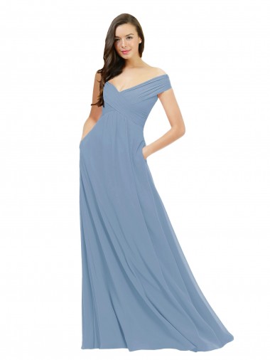 Off the Shoulder Long Chiffon Dusty Blue Sleeveless Bridesmaid Dress / Evening Gowns Essex