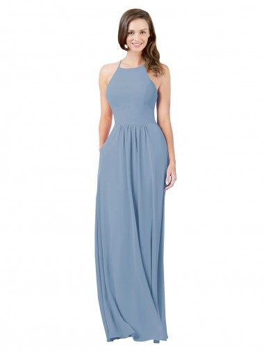 Halter Neck Long Chiffon Dusty Blue Sleeveless Bridesmaid Gowns Essex