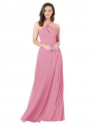 Halter Neck Long Soft Chiffon Skin Pink Sleeveless Prom Dress / Bridesmaid Dress Essex