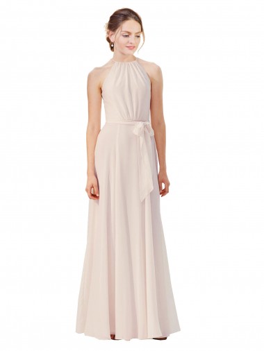 High Neck Long Soft Chiffon Cream Pink Sleeveless Bridesmaid Dress Essex