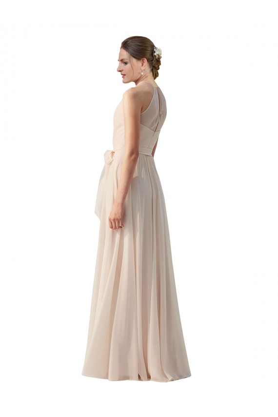 High Neck Long Soft Chiffon Cream Pink Sleeveless Bridesmaid Dress Essex