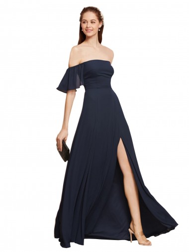 Off the Shoulder Long Soft Chiffon Dark Navy A-Line Sleeveless Prom Dress / Bridesmaid Dress Essex