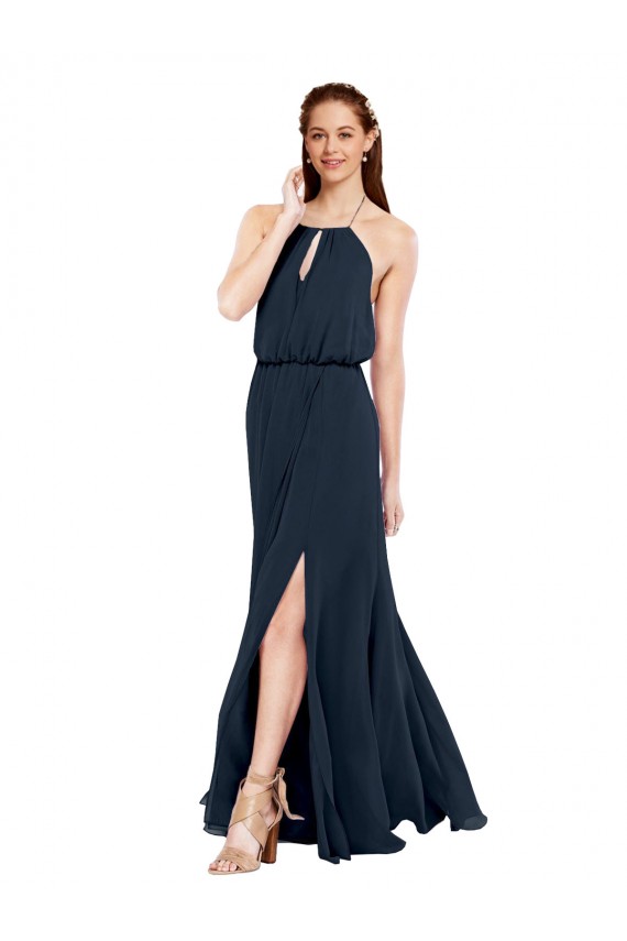 Halter Neck Long Chiffon Dark Navy Sleeveless Bridesmaid Dress / Evening Dress Essex