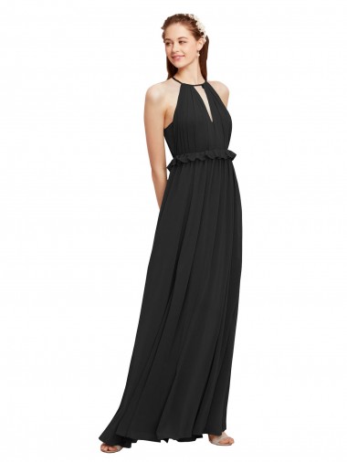 Halter Neck Long Soft Chiffon Black Sleeveless Bridesmaid Dress Essex