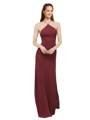 Halter Neck Long Soft Chiffon Burgundy Sleeveless Formal Dress / Bridesmaid Dress Essex