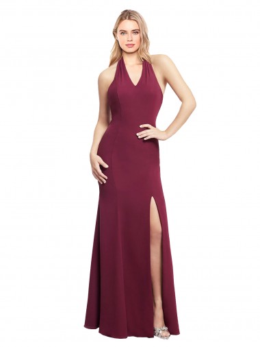 Halter Neck Long Soft Chiffon Burgundy Mermaid Sleeveless Bridesmaid Dress Essex