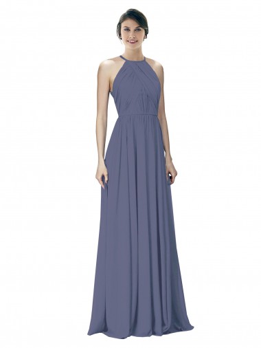 Halter Neck Long Soft Chiffon Silver Stone Sleeveless Formal Dress / Bridesmaid Dress Essex