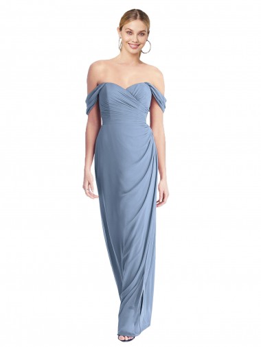 Off the Shoulder Long Soft Chiffon Dusty Blue Sleeveless Semi Formal Evening Dress / Bridesmaid Dress Essex