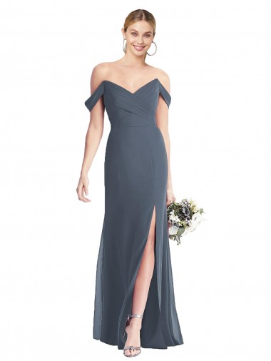 Off the Shoulder Long Soft Chiffon Silver Stone Sleeveless Bridesmaid Dress Essex