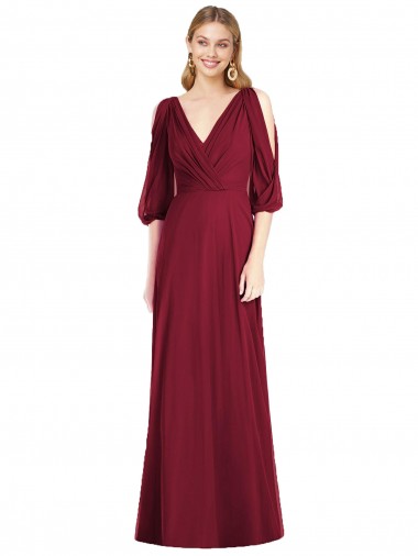 V-Neck Long Soft Chiffon Burgundy Bell Sleeves Formal Dress / Bridesmaid Dress Essex