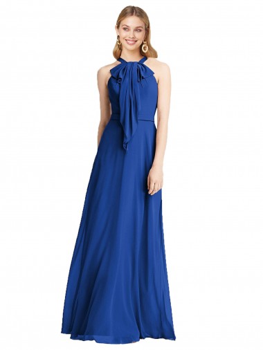 Halter Neck Long Soft Chiffon Royal Blue Sleeveless Bridesmaid Dress Essex