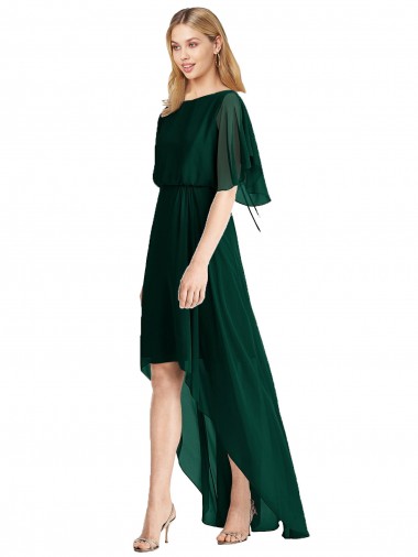 Round Neck Soft Chiffon Ever Green Flutter Sleeves High Low Bridesmaid Dress Essex