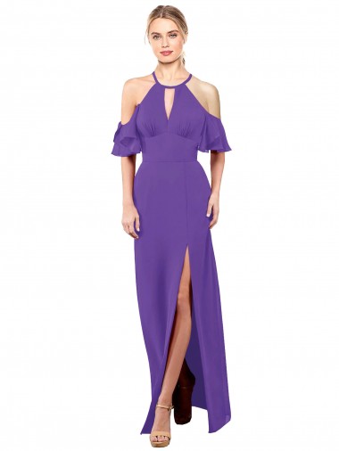 Halter Neck Long Soft Chiffon Purple Ruffle Sleeves Bridesmaid Dress Essex